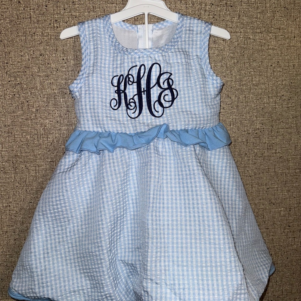 Blue Inital Embroidered Gingham Kids Dress
